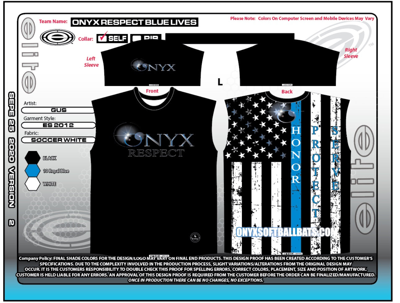 Elite Onyx Mens Jersey - Respect Honor Blue Lives