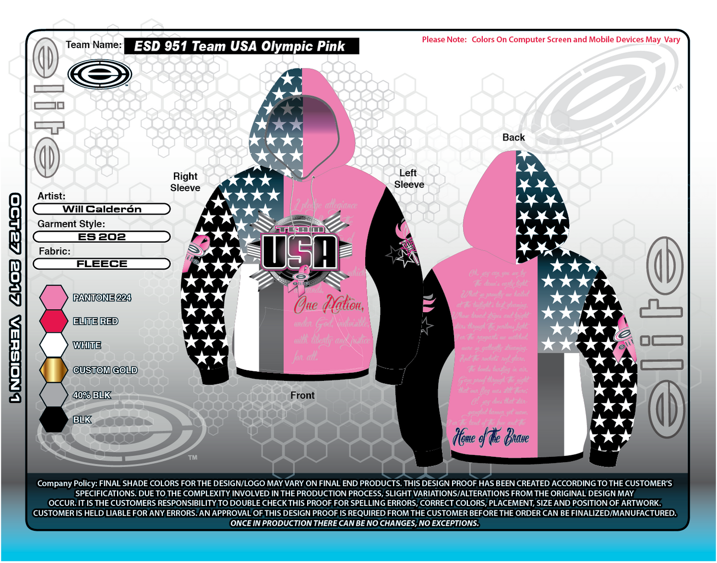 Elite Mens Hoodie - ESD 951 Team USA Pink